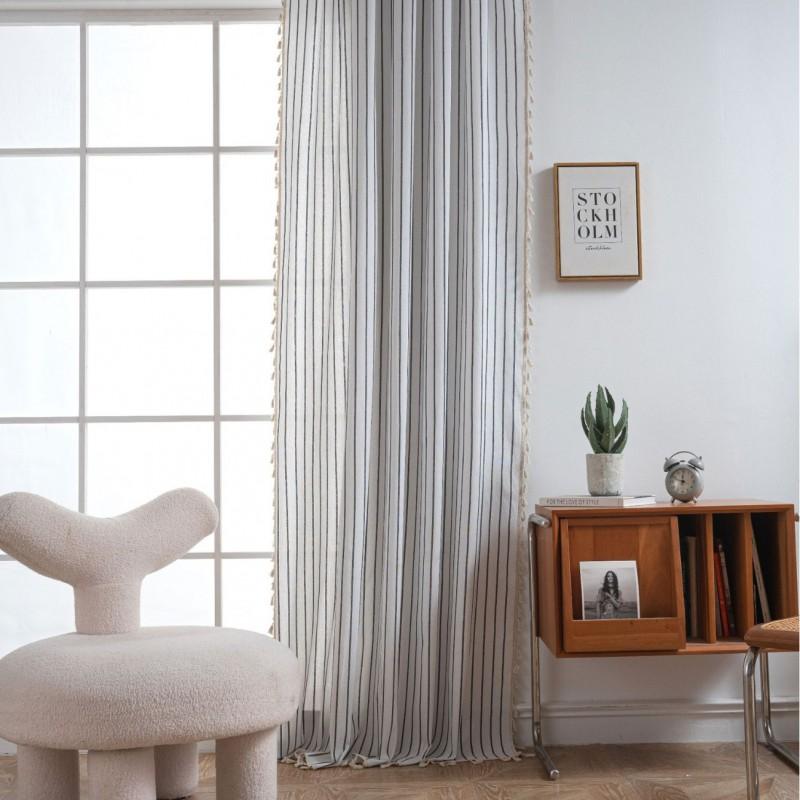 French Style Woven Cotton Linen Curtains Kitchen Window Semi-Sheer Decorative Panel Rod Pocket Grommet Hook