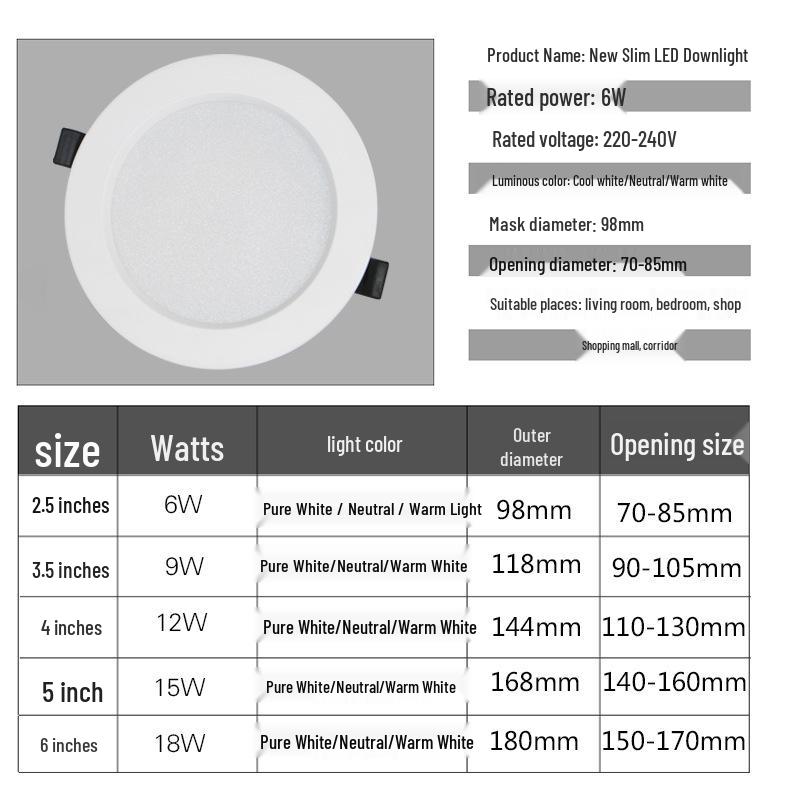 Ultra-Thin LED Recessed Downlight: 3, 4, 5, 6 Inch, 9W, 12W, 18W, Round Ceiling Light