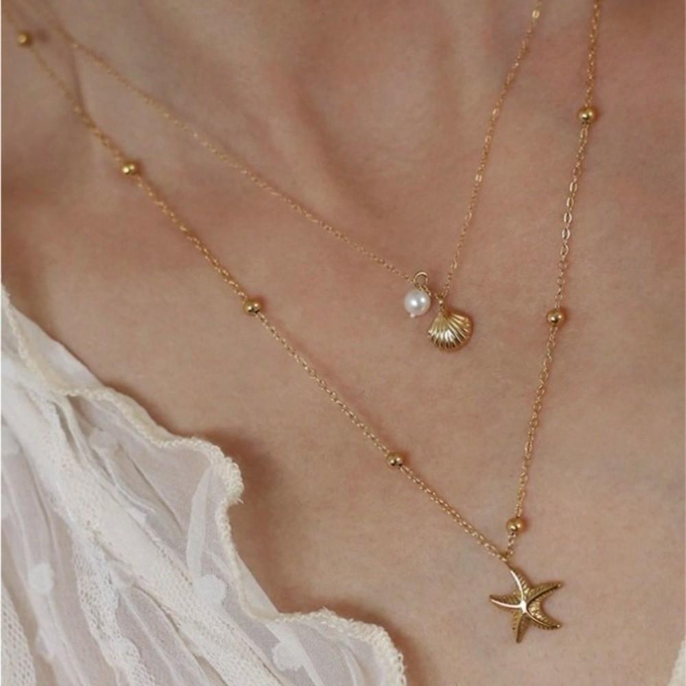 Gold Starfish Pendant Necklace Pearl Shell Charm Chain Necklace Summer Collarbone Necklace