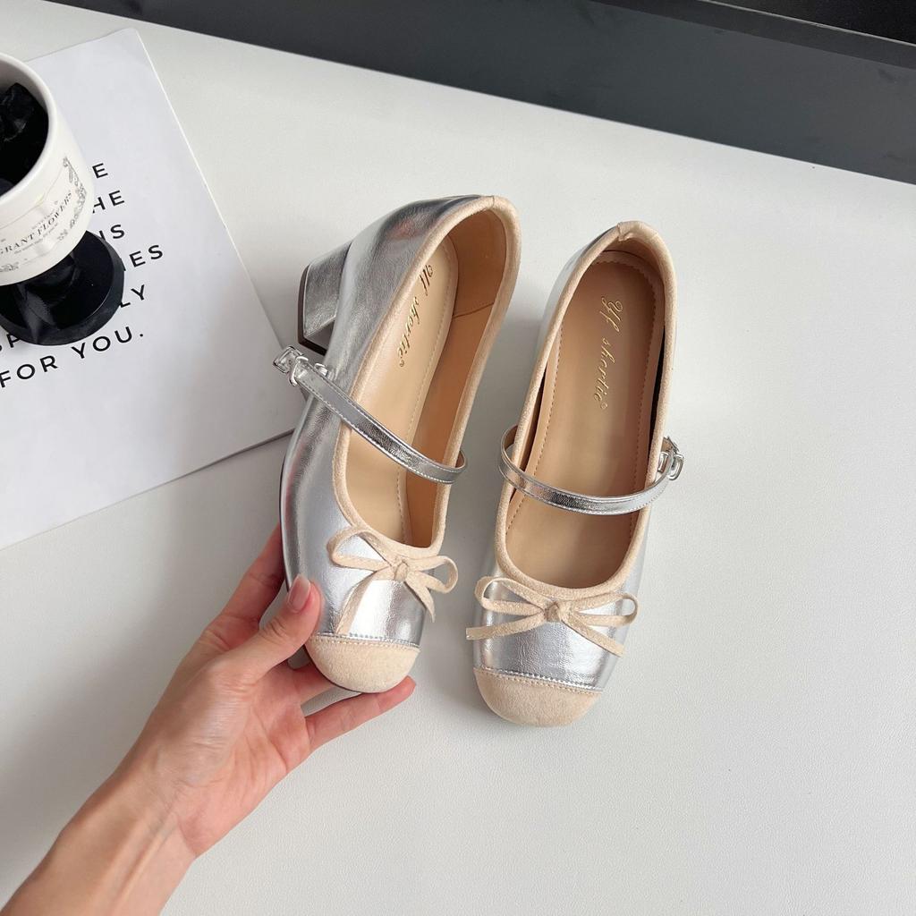 Height Increase 7cm Color Matching Round Head Thick Heel Mary Jane Shoes Women's 25 Spring New Xiaoxiangfeng Word with Light Mouth Single Shoes