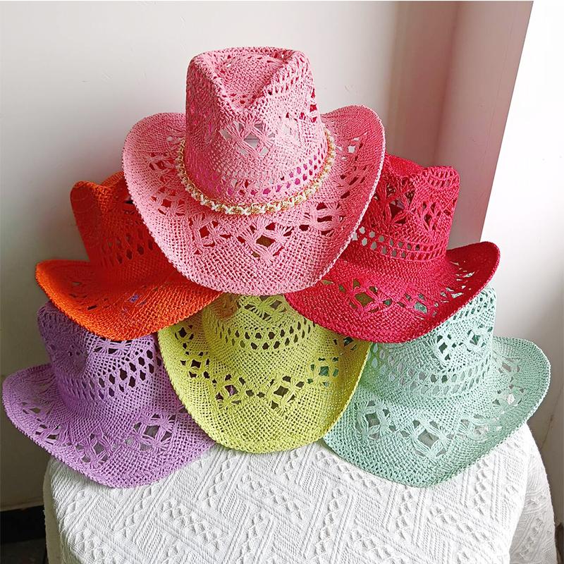 Melesh Western Cowboy Hat Summer Women's Straw Cowboy Hat Pearl Accessories Wide Brim Sun Protection Beach Western Cowboy Hat