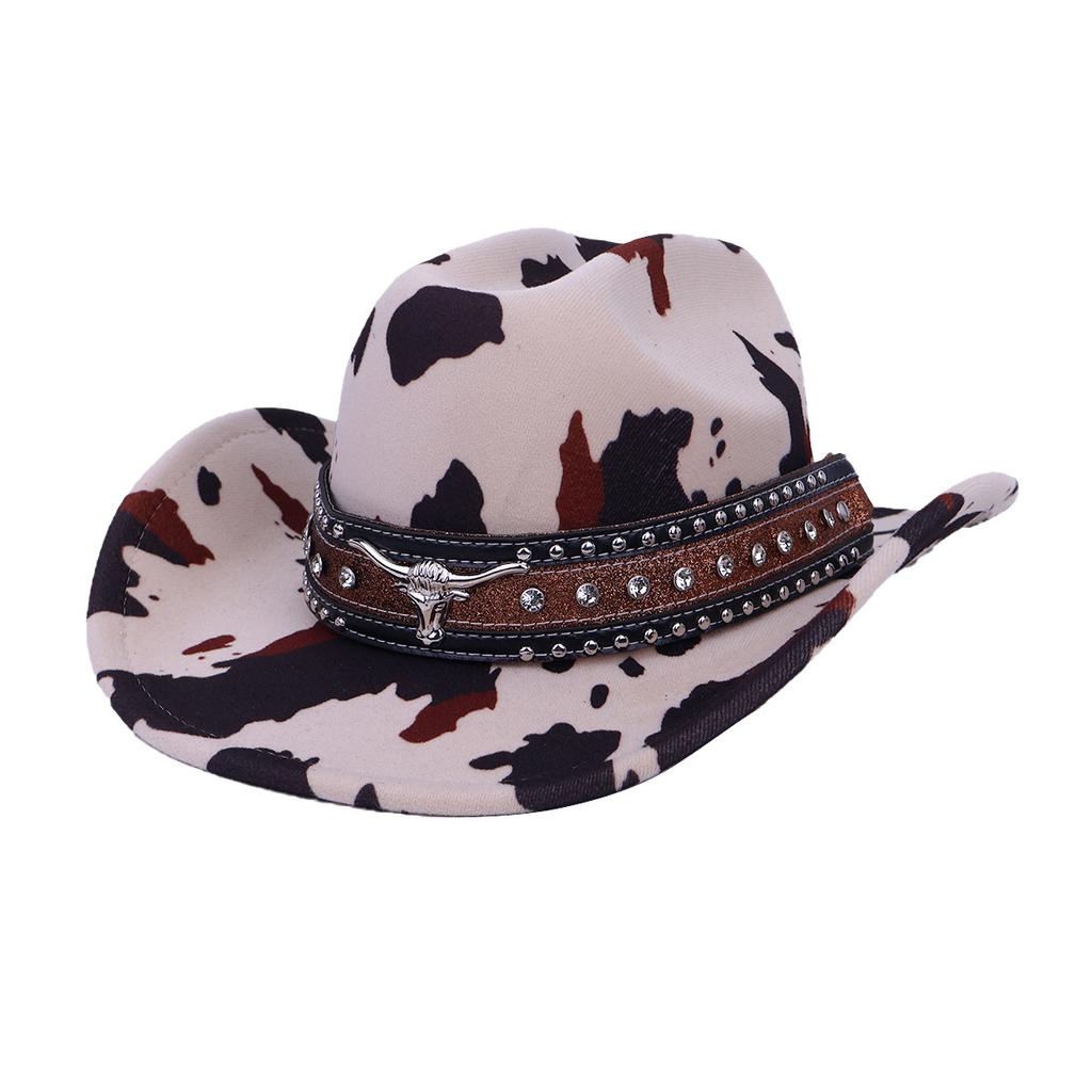 New Western Cowboy Hat Autumn and Winter Big Eaves Cow Pattern Woolen Tibetan Outdoor Jazz Hat Shade Top Hat