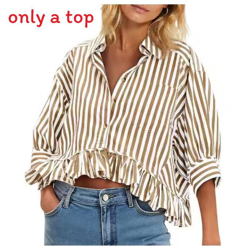 Womens Striped Blouse With Ruffle Hem And Print For Office Wear