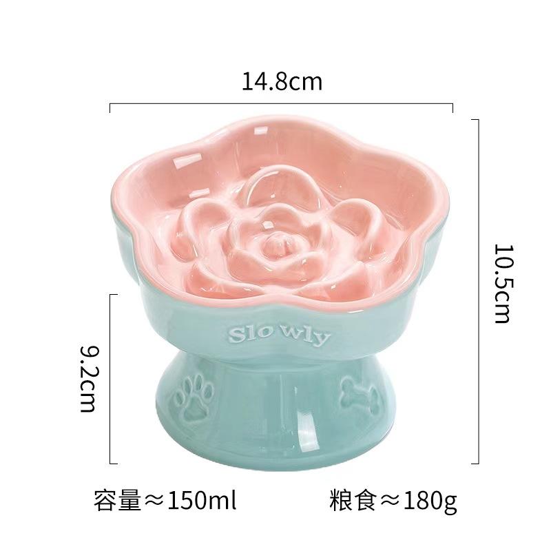 Creative Ceramic Drinking Water Food Tall footed Pet Bowls Anti Overturning Neck Protection Slow Food Anti Choking Cat Bowl, 1Pc