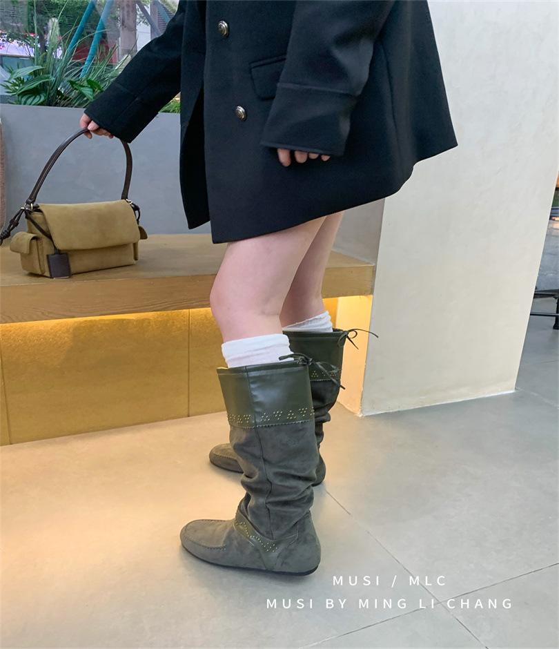 2025 New Boots Maillard Rivets Inner Height Increase Western Cowboy Boots Brown Boots Women