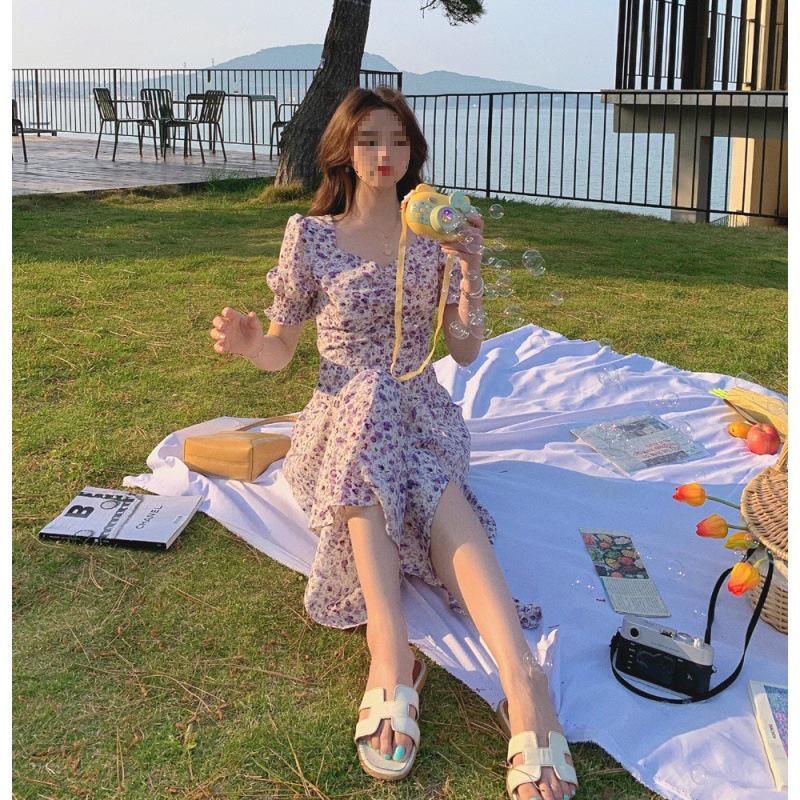 2025 French Retro Puff Sleeve Floral Chiffon Dress in Light Purple for Spring, Summer, and Autumn