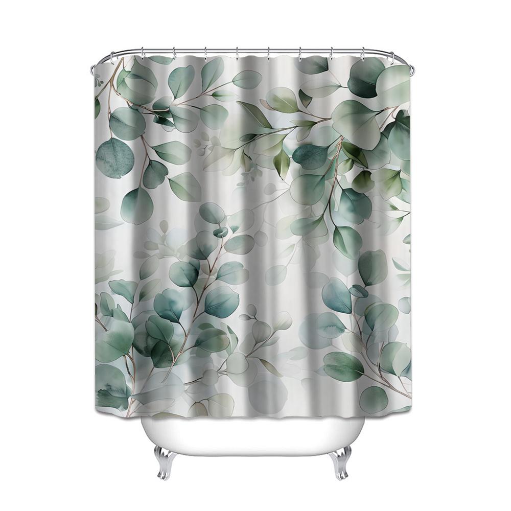 1Pc Green Leaf Eucalyptus Print Polyester Shower Curtain, Machine Washable, Art Theme, With Hooks, For Bathroom