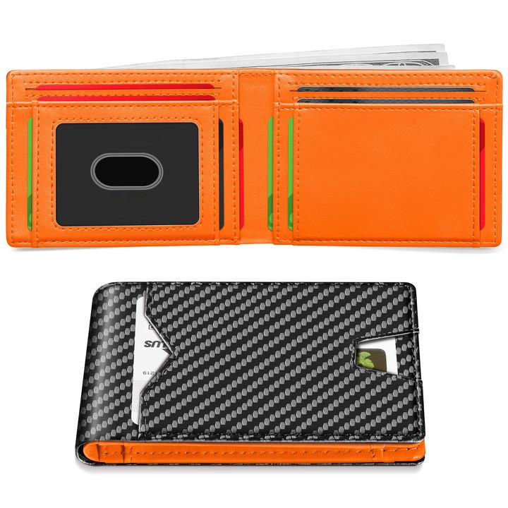 

Men s RFID Anti-theft Carbon Fiber Leather Bifold Wallet оранжевый
