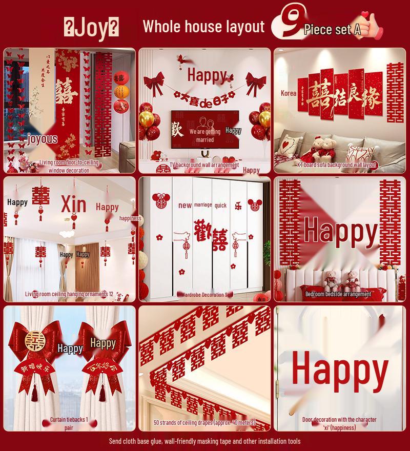 Wedding Decorative Set: Double Happiness Wall Art for Bedroom & Living Room