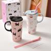 Cute Cat High Cup Girls Cup with Lid Casual Cup Ceramic Mug with Straw Birthday Gift Style