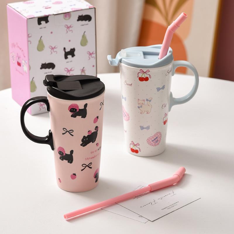 Cute Cat High Cup Girls Cup with Lid Casual Cup Ceramic Mug with Straw Birthday Gift Style