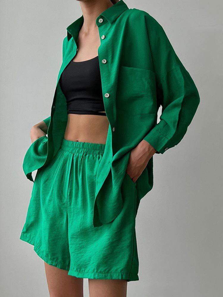 Plus Size Women’s Long Sleeve Shirt & Shorts Two-Piece Set