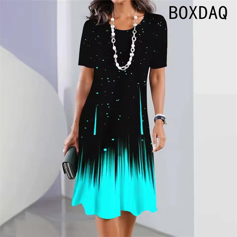 Vintage Elegantes Damenkleid Sommer Kurzarm Rundhalsausschnitt Lässig A-Linie Kleid Schwarz Weiß Farbverlauf 3D Digitaldruck Kleid