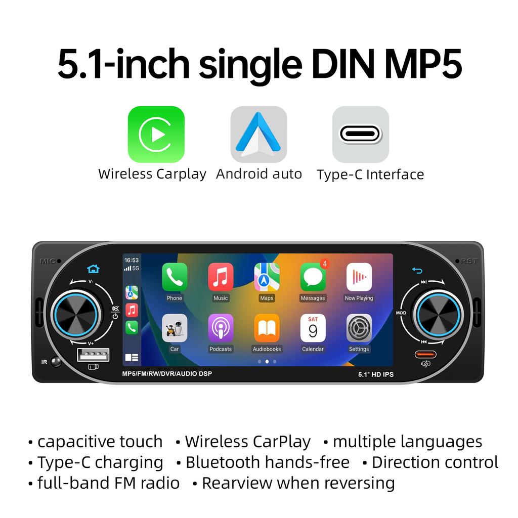 General 1 Din Car Radio MP5 IPS HD Player Support Wireless Carplay Android Auto Bluetooth FM AM RDS Stereo USB WIFI Video Player 5.1In Digital Display