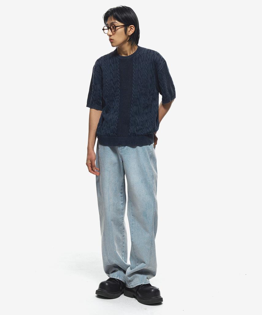 Sekeonmonollogeu Washed Round Fisherman Cable Half Knit [Dblue]_Sekt023Dblue