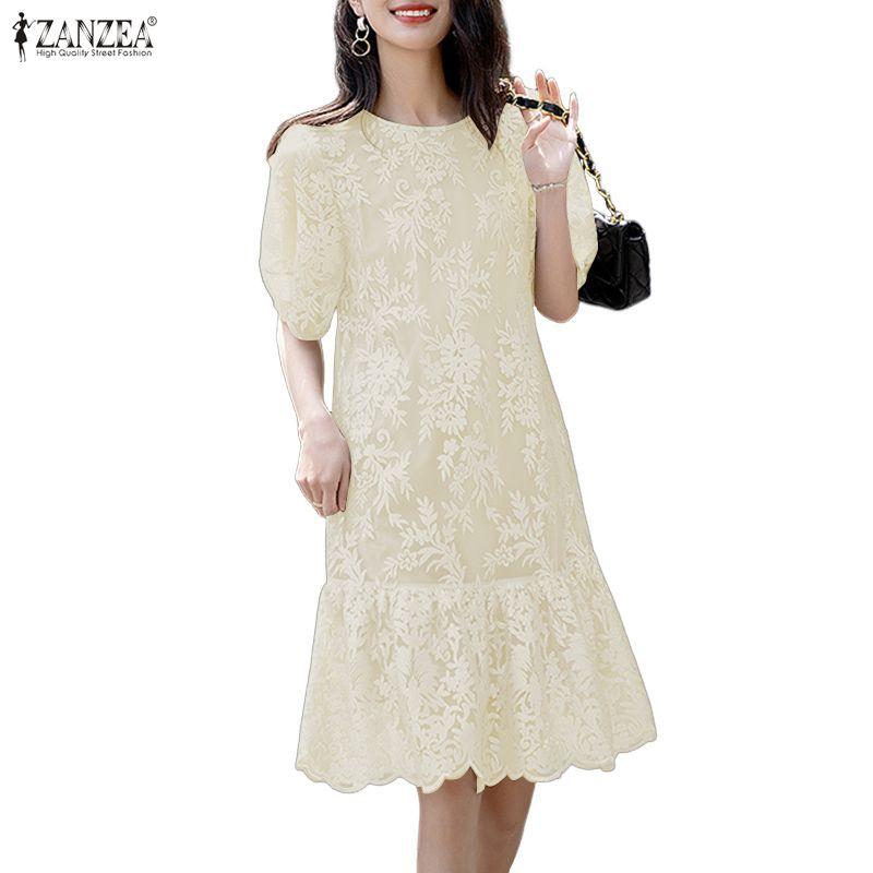 ZANZEA Women Casual Round Neck Lace Patchwork Short Sleeve Dress