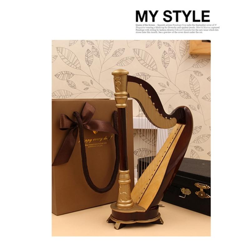 Wooden Miniature Harp Model with Black Gift Case Musical Instrument Model Musical Gifts Ornaments Decorations