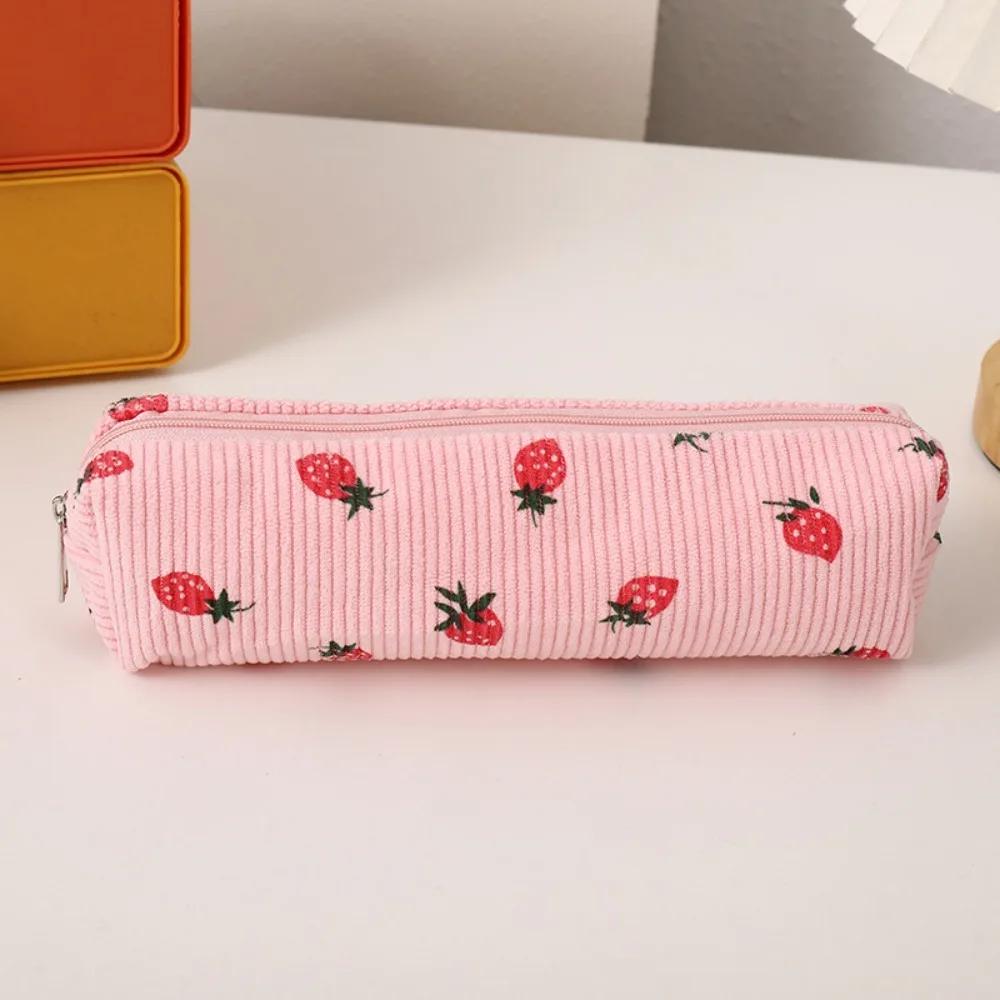 

Corduroy Pencil Case Large Capacity Multifunctional Stationery Pouch Strawberry Patterns Stationery Storage Bag Back To School