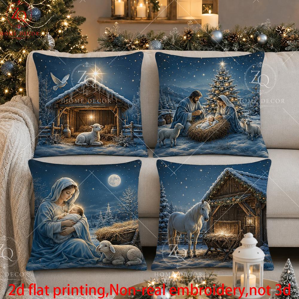 Set aus 4 Weiße Bären Leuchtturm Winter Pfirsichhaut Kissenbezug 2D Flach Gedruckt Sofakissenhülle Wohnzimmer Weihnachten