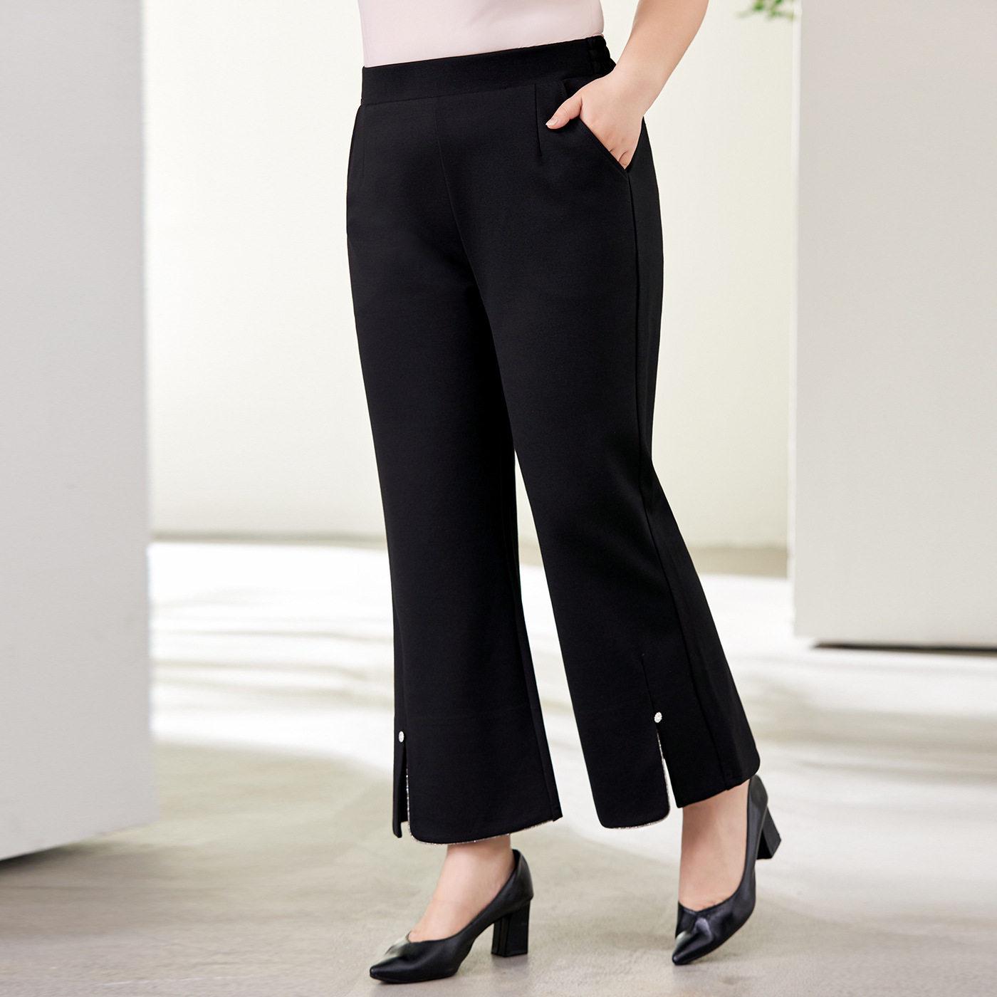 

Plus Size Front Slit Micro Flare Rhinestone Slimming High Waist Cropped Pants for Women - Spring/Summer 2026 Collection 3XL [130-150 lbs] чёрный