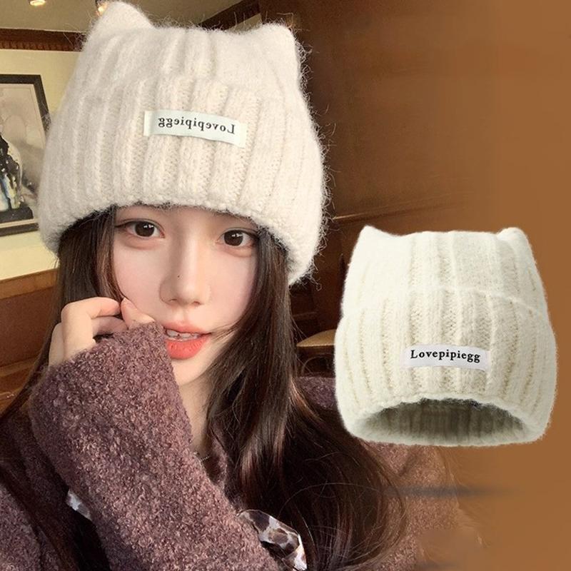 1Pc Cat Ear Knitted Beanies, Cute Winter Warm Wool Hats For Women, Korean Style Fashion Headwear