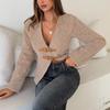 Women's V-Neck Cropped Jacket Fuzzy Fabric Double Buckle Decoration Long Sleeve Casual Outerwear