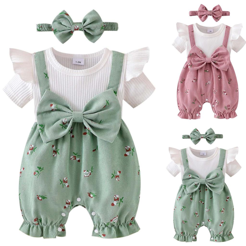 Baby Girl Bowknot Suspender Romper Set Toddler Two Piece Outfit Infant Short Sleeve Ribbed T-Shirt with Floral Print Overalls and Headband