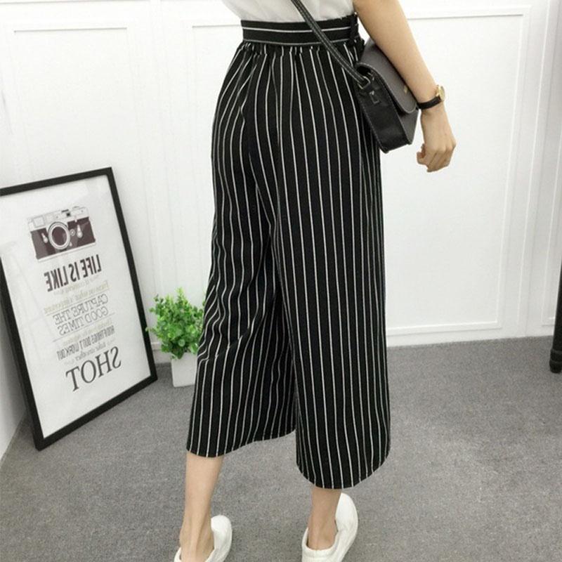 Women High Waist Elastic Striped Culotte Pants With Elegant Wide Leg Flare Design For Casual Wear
