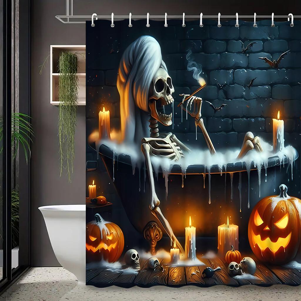 Halloween Skeleton Tub Shower Curtain, Fog-Proof Polyester, Dripping Candles & Jack-o'-Lanterns, All-Season Decor