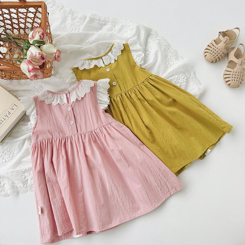 Girls Summer Lace Ruffle Collar Pleated Dress Sweet Princess Flutter Sleeve Hem Skirt