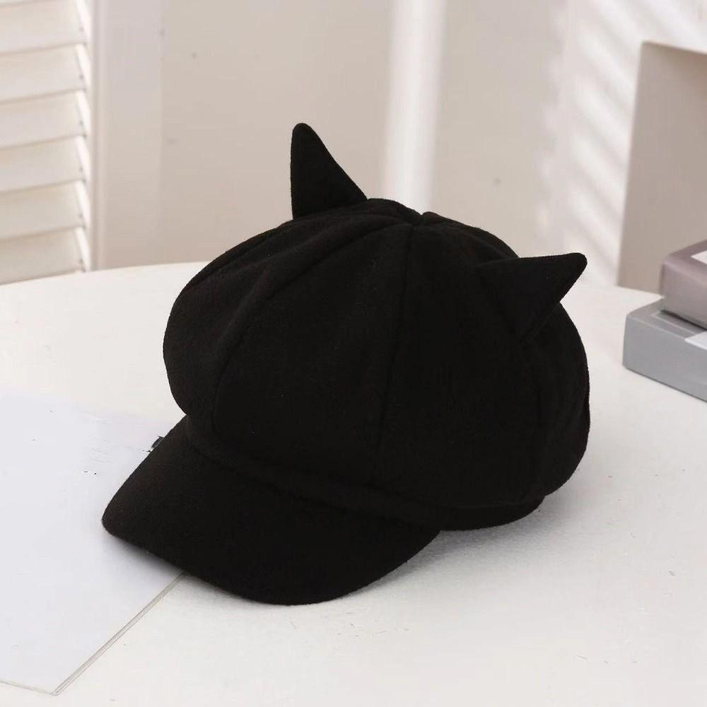 Cute Cat Ears British Beret Hat Solid Color Unisex Octagonal Cap Fashion Cat Ear Hat  for Women