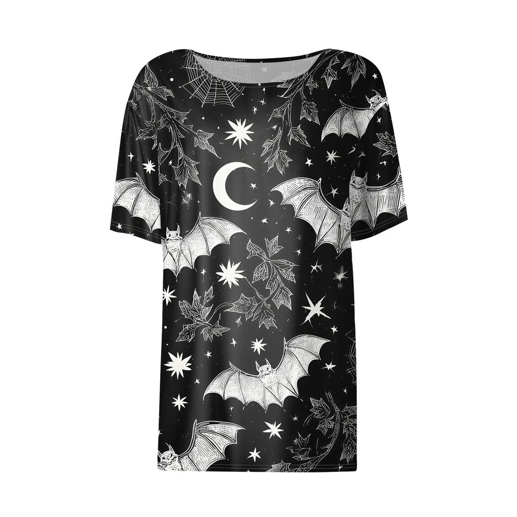 Women's Casual Halloween Short Sleeve Pullover Top Bat Pumpkin Print Round Neck Relaxed Fit Shirt for Fall