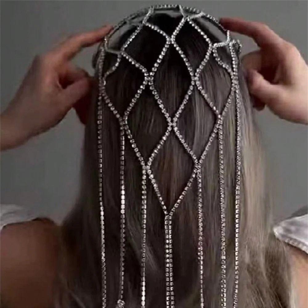 Long Chain Tassel Headdress Rhinestone Inlaid Bridal Headpiece Mesh Headband  Hair Accessories