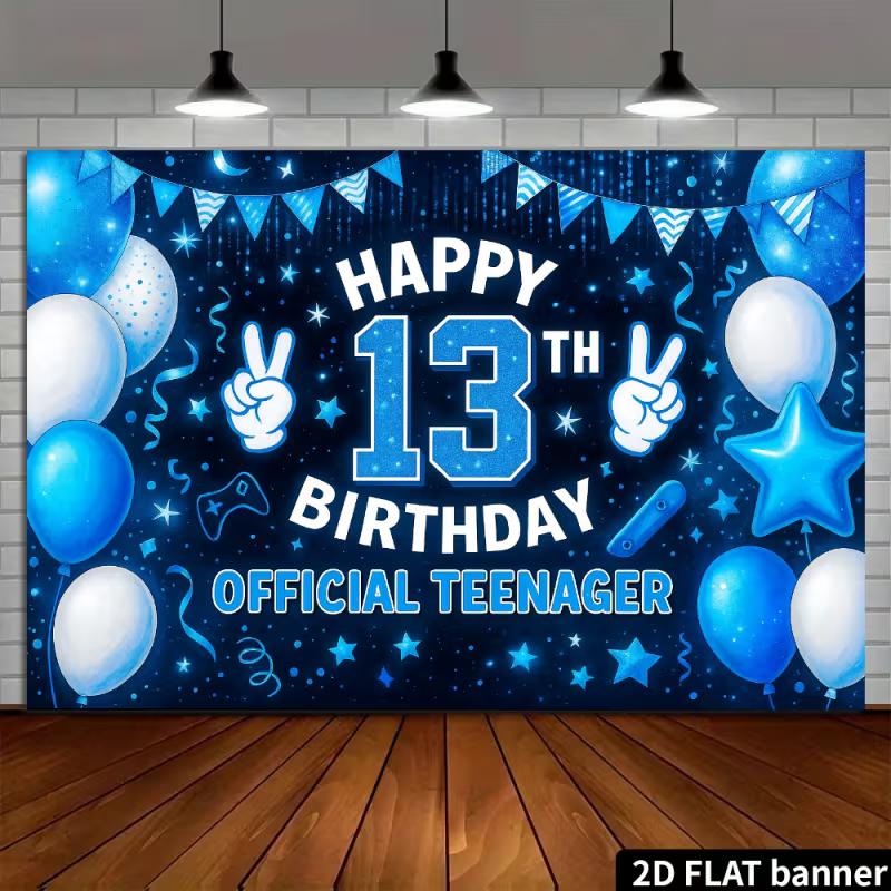 2D 13th Happy Birthday Backdrop - Blue Star Glitter Banner for Boys 13th Birthday Photoshoot Party Decor