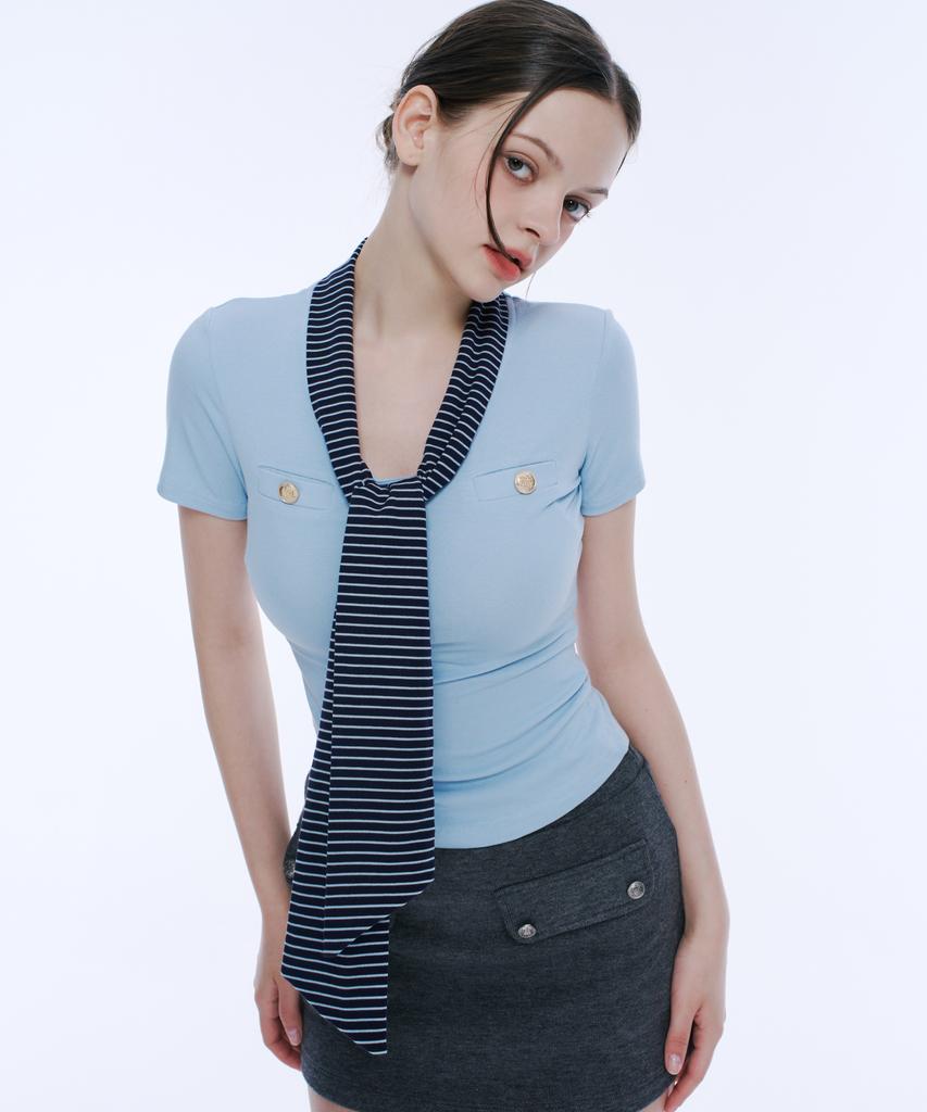 Akeumeseodeu Scarf Detail Button Tee (Blue)