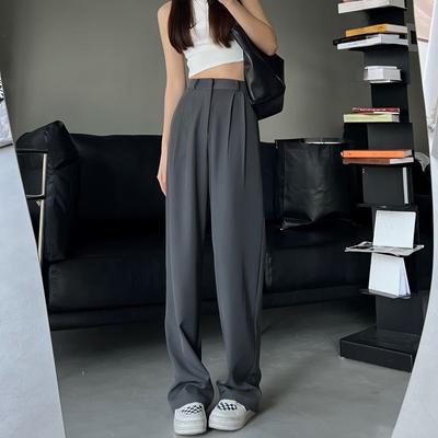 Elegante, hoch taillierte, locker sitzende, graue Anzughose mit weitem Bein für Damen im Frühling, Sommer und Herbst mit geradem Bein