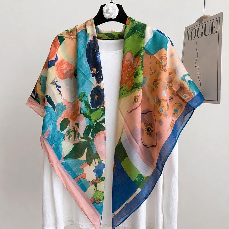[Variety sunscreen shawl retro printed square scarf women's summer silk cotton silk scarf