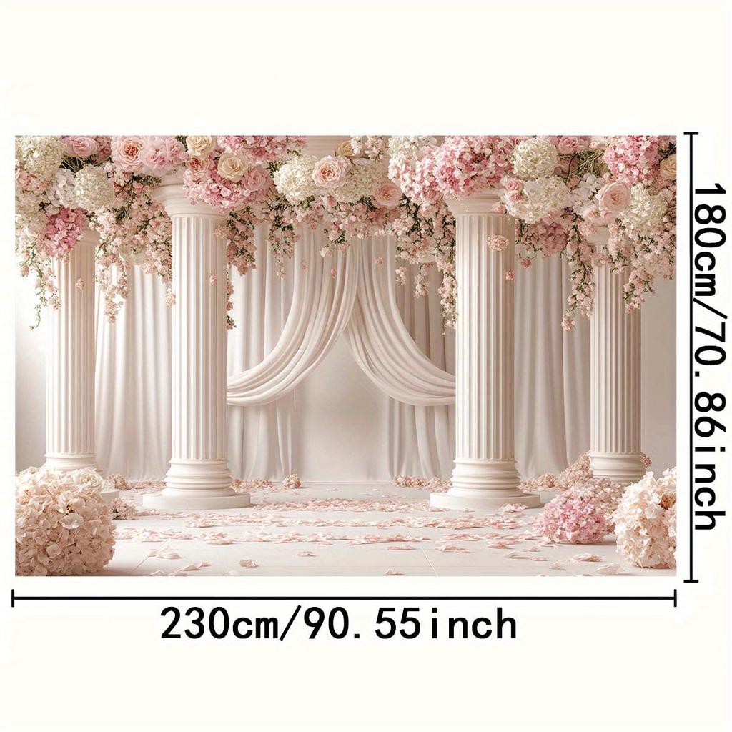 1pc floral elegant wedding background, romantic pink roses and elegant white columns, polyester wedding decorations