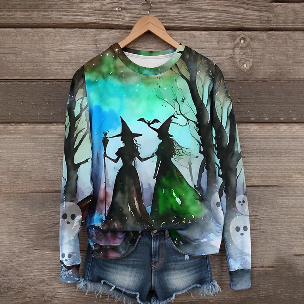 Fashion New Women's Long-Sleeved Exquisite 3d Halloween Witch Print Long-Sleeved Sweatshirt Spring And Autumn Classic Clothing