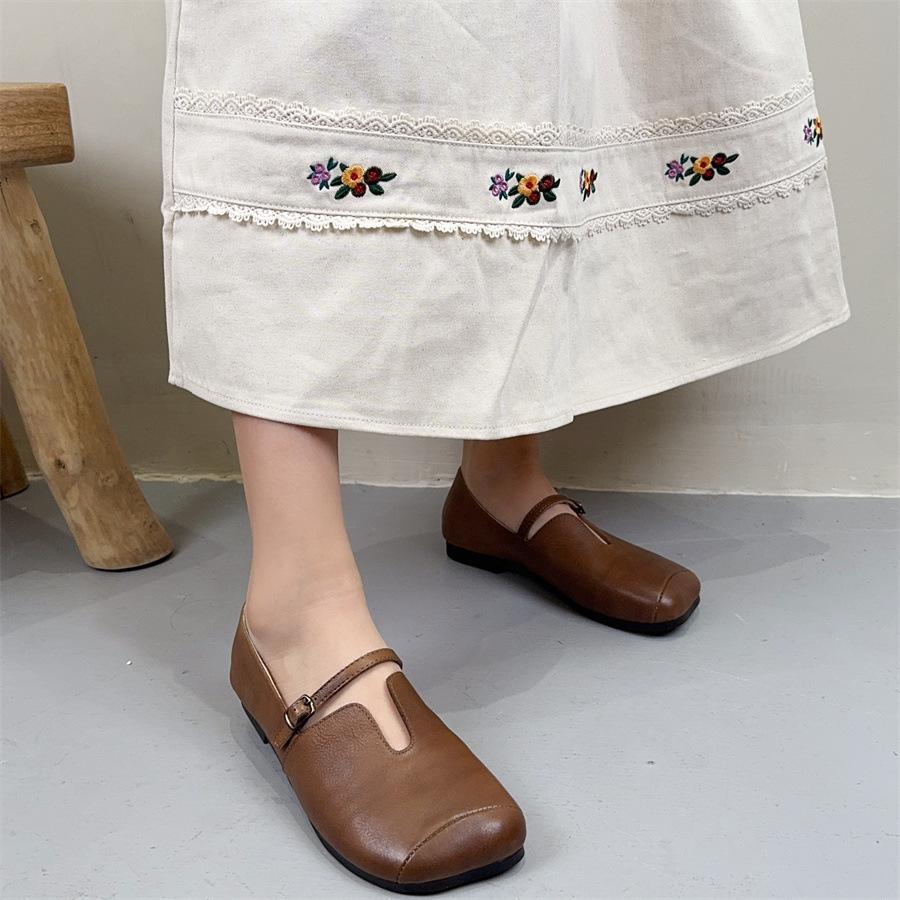 Johnature Square Toe Belt Buckle Soft Soled Shoes Genuine Leather Commuting Shallow Women's Flat Shoes