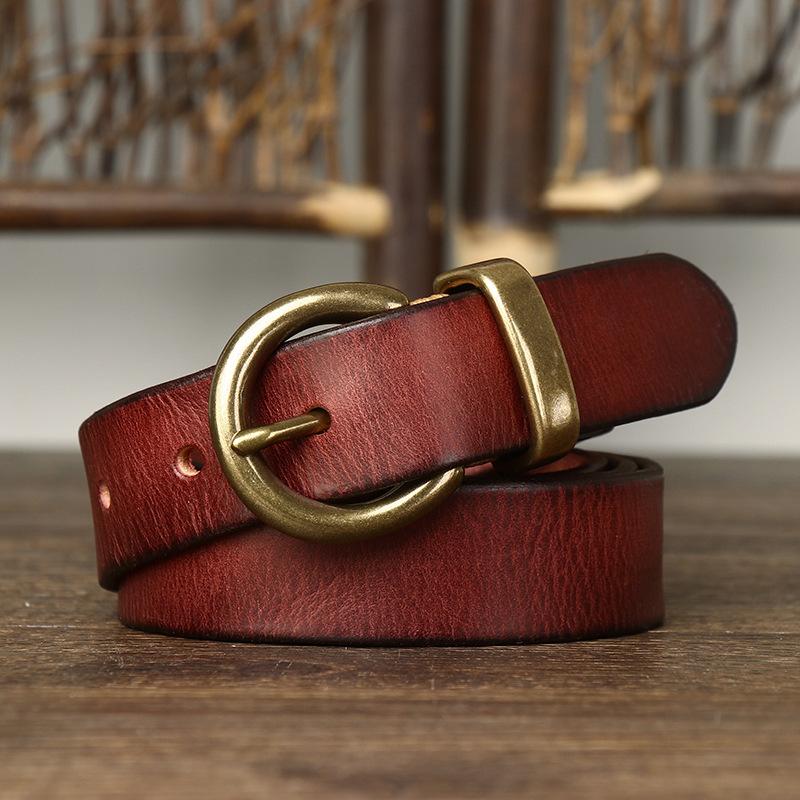 Women's Belt Vintage Crumpled Korean Style Fashion All-Matching Brass Buckle Genuine Leather Jeans Belt Women's