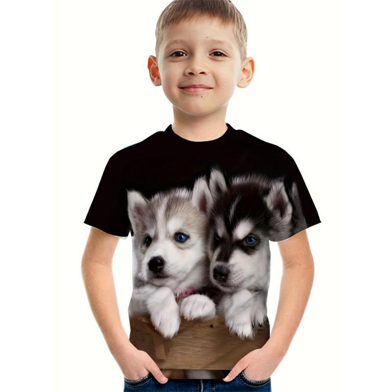 Barneklær Gutter T-skjorte Kort Erme 3D Hundetrykk Barn Sommerklær Kreativ Stilfull Streetwear Rund Hals Jenteklær