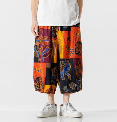 Cotton and linen summer new Chinese style men's casual trousers men's printed large size fashion wide-leg trousers