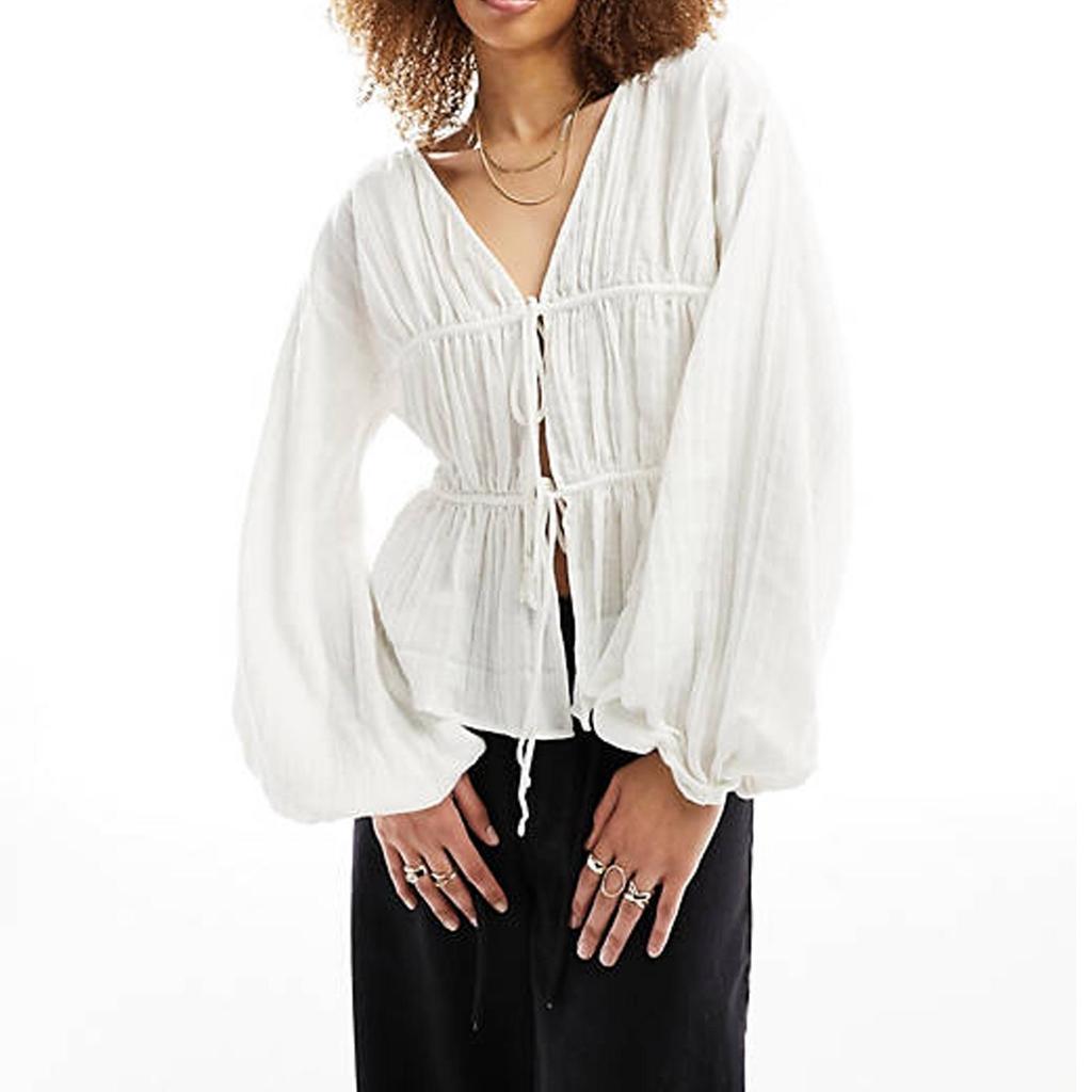 2024 Women's Summer Ruched Drop Shoulder Long Sleeve Shirt
