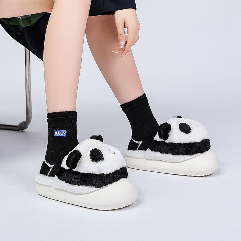 Cute Thick Sole Panda Slippers Women Supple Animal Pattern Shoes Ladies Fuzzy Winter Keep Warm Slides Bedroom Shoes Size 36-45
