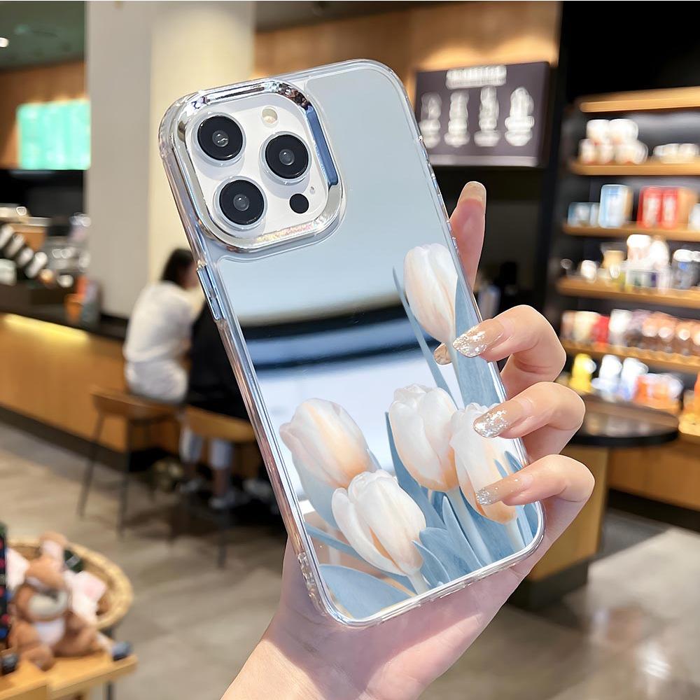 Foreign Trade Hot-selling Tulip Flower Apple 17 with Mirror Mobile Phone Case Iphone16 Mirror Mobile Phone Case 15 Girls