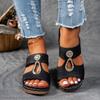 High-quality hollow rhinestone thick-soled slippers women's slope heel large size buckle open-toed beach cool slippers