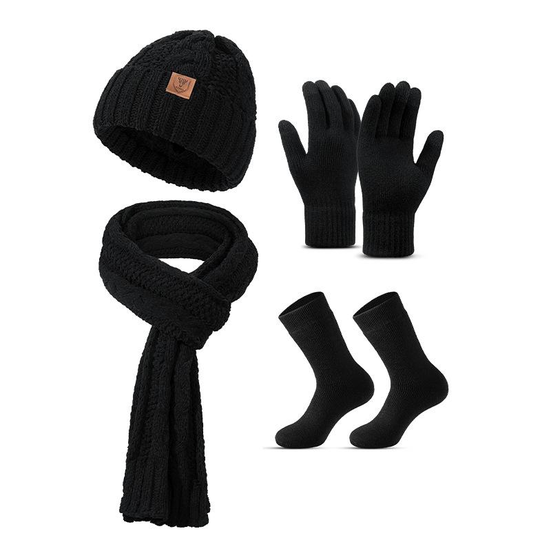 Hat Scarf Gloves Socks Four Piece Set Plus Velvet Thickened Adult Winter Warm Knitted Hat Set