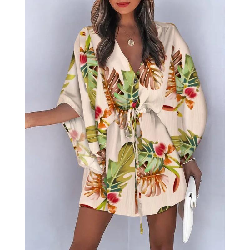 Vestito Corto da Donna con Stampa Foglie Tropicali Maniche Corte a Pipistrello Scollo a V Vita con Coulisse Casual da Vacanza Mini Abito