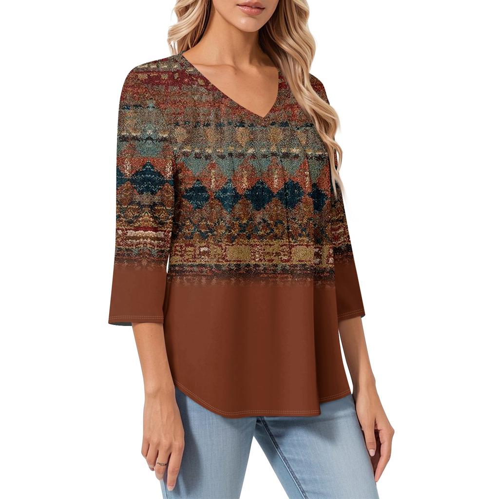 Women's Casual Tops V Neck Pull Stripe Prints Seven Sleeve Tops